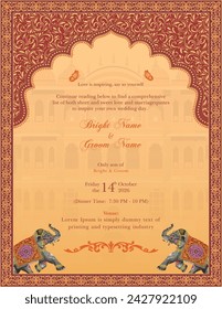 Traditional Indian Mughal wedding invitation card design. Beautiful Indian wedding invitation card template design.