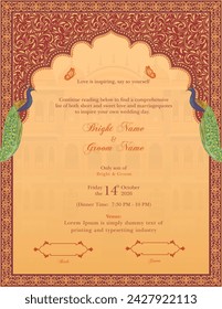 Traditional Indian Mughal wedding invitation card design. Beautiful Indian wedding invitation card template design.