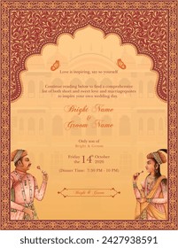 Traditional Indian Mughal wedding invitation card design. Mughal king and queen invitation card template.