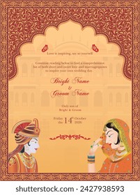 Traditional Indian Mughal wedding invitation card design. Mughal king and queen invitation card template.