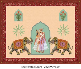 Diseño tradicional de la tarjeta de invitación de boda india mogol. Plantilla de tarjeta de invitación de rey y reina mogol. Shahjan y Mumtaz.