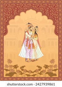 Diseño tradicional de la tarjeta de invitación de boda india mogol. Plantilla de tarjeta de invitación de rey y reina mogol. Shahjan y Mumtaz.