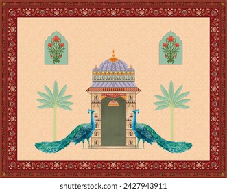 Traditional Indian Mughal wedding invitation card design. Indian wedding invitation card template design.