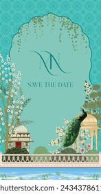 Traditional Indian Mughal wedding invitation card design. Wedding invitation card template design.