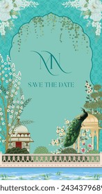 Traditional Indian Mughal wedding invitation card design. Wedding invitation card template design.