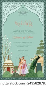 Traditional Indian Mughal wedding invitation card design. Mughal king and queen invitation card template. Shahjahan and Mumtaz.