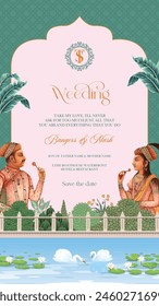 Traditional Indian Mughal wedding invitation card design. Mughal king and queen invitation card template.