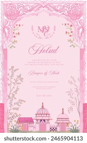 Traditional Indian Mughal wedding invitation card design. Wedding invitation card template design.