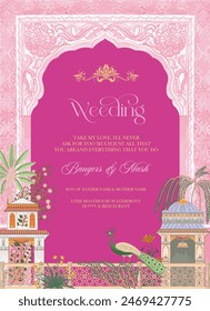 Traditional Indian Mughal wedding invitation card design. Wedding invitation card template design.