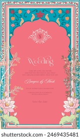 
Diseño tradicional de la tarjeta de invitación de boda india mogol. Diseño de Plantilla de tarjeta de invitación de Boda.