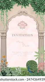 Traditional Indian Mughal wedding invitation card design. Wedding invitation card template design.