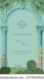 Traditional Indian Mughal wedding invitation card design. Wedding invitation card template design.