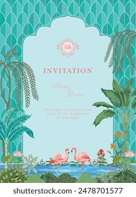 Traditional Indian Mughal wedding invitation card design. Wedding invitation card template design.