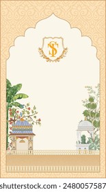 Traditional Indian Mughal wedding invitation card design. Wedding invitation card template design.