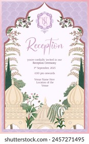 Traditional Indian Mughal Wedding Reception Invitation Card Design with Tropical Tree, Pichwai art, Mughal Decorated Dome, NT Monogram with Crest Vector Illustration.