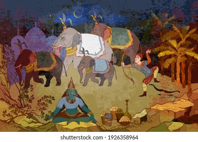 Traditional indian mural paintings style. Old Asian culture. Mythology, tradition and history. Religion. Hinduism. Vishnu and Shiva. Dancing goddesses in the jungle. Gods of India. Ancient frescoes 