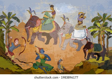 Traditional indian mural paintings style. Old Asian culture. Gods of India. Mythology, tradition and history. Religion. Hinduism. Vishnu and Shiva. Dancing goddesses in the jungle. Ancient frescoes 