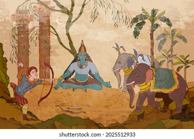 Traditional indian mural paintings style. Gods of India. Ramayana. Old Asian culture. Mythology, tradition and history. Ancient frescoes. Religion. Hinduism