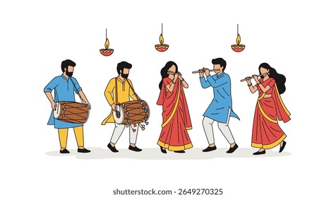 Traditional Indian Musicians Performing Festive Music with Drums and Flutes During a Celebration with Decorative Lights