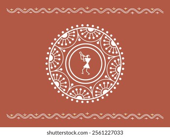 Traditional Indian ornament with decorative pattern and stylized musician in the center. Sora art of Idittals or Warli painting.