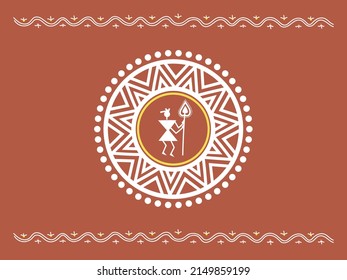 Traditional Indian ornament with a man with a spear. Round vector pattern. Sora art of idittals or warli painting.