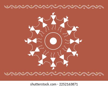 Traditional Indian ornament. People dancing round dance. Sora art of idittals or warli painting.