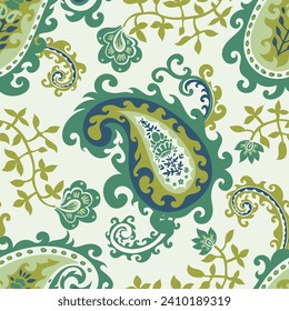 Traditional Indian paisley motif with flowers and foliage, curved leaves and twigs for textile decoration. Ornament with flora. Seamless pattern, wallpaper or print background. Vector in flat style