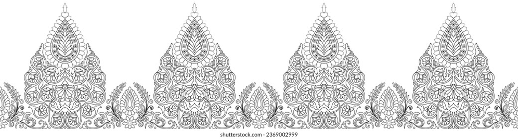 Traditional Indian paisley pattern. Horizontal flowers, black lines.