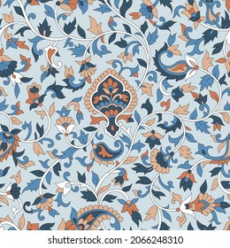 Traditional Indian Paisley Seamless Pattern On Blue Background