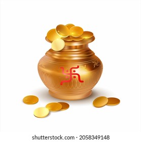 Traditional Indian pot (Kalash) with gold coins isolated on white. Symbol of Akshaya Tritiya and Dhanteras festival (Diwali season). Vector illustration.