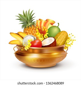 Traditional Indian pot (uruli) with fruits, mirror, textile and konna flowers (cassia fistula) - attribute for South Indian New Year festival Vishu (Vishukani). Vector illustration.