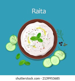 Traditional Indian raita with yogurt, cucumber, cumin and mint, served in a bowl and garnished with mint leaves. Top view. Vector illustration