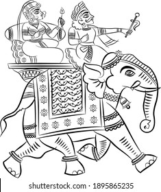 Traditional Indian or Rajasthani wall painting of elephant with jockey and queen. Kalamkari or Rajasthani painting style, India.