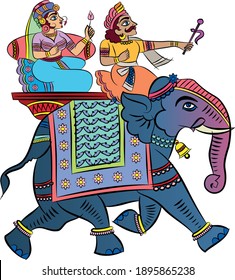 Traditional Indian or Rajasthani wall painting of elephant with jockey and queen. Kalamkari or Rajasthani painting style, India.