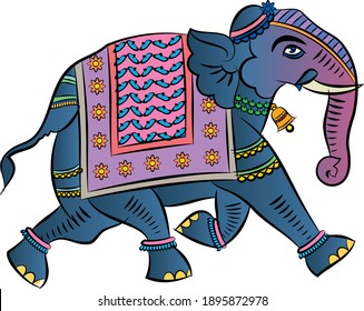 Traditional Indian or Rajasthani wall painting of elephant. Kalamkari or Rajasthani painting style, India.