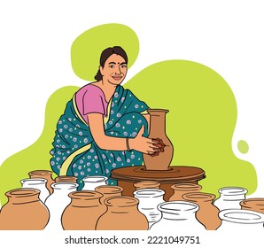 traditional Indian rural women  making pottery, shaping clay into pot. women empowerment, making matka, female potter