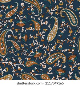 Traditional Indian Seamless Paisley Pattern On Navy Background