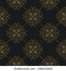 Traditional indian seamless pattern. Tibetan Buddism gold decoration motif. Arabic ornament for fashion textile print. Luxury golden vintage graphic element on black. Abstract vector lotus flower.