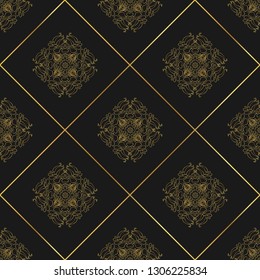 Traditional indian seamless pattern. Tibetan Buddism gold decoration motif. Arabic ornament for fashion textile print. Luxury golden vintage graphic element on black. Abstract vector lotus flower.
