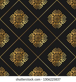 Traditional indian seamless pattern. Tibetan Buddism gold decoration motif. Arabic ornament for fashion textile print. Luxury golden vintage graphic element on black. Abstract vector lotus flower.