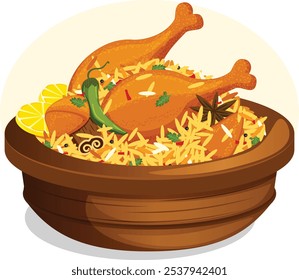 Traditional Indian Spicy Chicken Biryani Served in Earthen Pot. Chicken, Chili Pepper, Star Anise, Cinnamon, Lemon and Other Spices. Authentic Asian Rice Dish Detailed Illustration