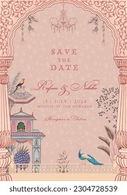 Estilo tradicional indio Diseño de tarjetas de invitación a bodas mogol. Guarde la tarjeta de invitación de fecha con elementos decorativos para imprimir ilustración vectorial.