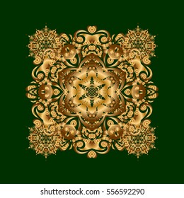 Traditional indian style, ornamental elements for henna tattoo, golden stickers, flash temporary tattoo, mehndi and yoga design, cards and prints. Vector sketch of golden mehndi mandala on a green.