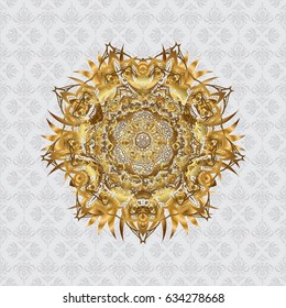 Traditional indian style, ornamental elements for henna tattoo, golden stickers, flash temporary tattoo, mehndi and yoga design, cards and prints. Vector sketch of golden mehndi mandala on gray.