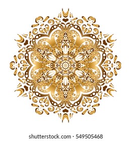 Traditional indian style, ornamental floral elements for henna tattoo, golden stickers, flash temporary tattoo, mehndi and yoga design, cards or prints. Vector sketch of golden mehndi mandala on white