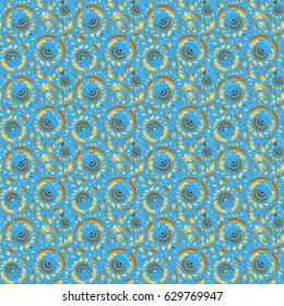 Traditional indian style, ornamental floral elements for henna tattoo, printing, golden stickers, mehndi, yoga design. Vector art of golden mehndi. Seamless pattern on a blue backdrop.
