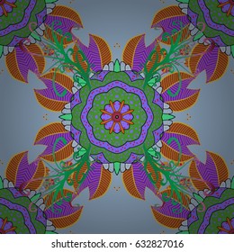 Traditional indian style, ornamental floral elements for henna tattoo, colored stickers, flash temporary tattoo, mehndi and design, cards and prints. Vector sketch of colored mehndi mandala on green.