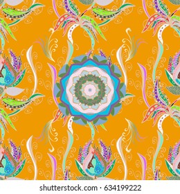 Traditional indian style, ornamental floral elements for henna tattoo, colored stickers, flash temporary tattoo, mehndi and yoga design, cards, prints. Vector sketch of colored mehndi mandala on blue.
