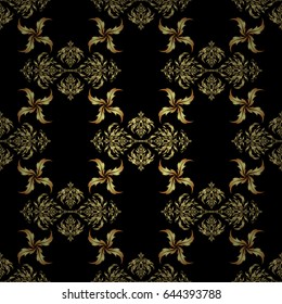 Traditional indian style, ornamental floral elements for henna tattoo, printing, golden stickers, mehndi, yoga design. Vector art of golden mehndi. Seamless pattern on a black backdrop.