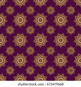 Traditional indian style, ornamental floral elements for henna tattoo, printing, golden stickers, mehndi, yoga design. Vector art of golden mehndi. Seamless pattern on a purple backdrop.